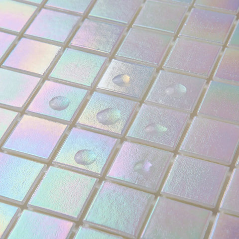Close-up of Rainbow Peel And Stick Glass Tile Backsplash Kit For Kitchen And Bathroom with glossy white mosaic tiles.