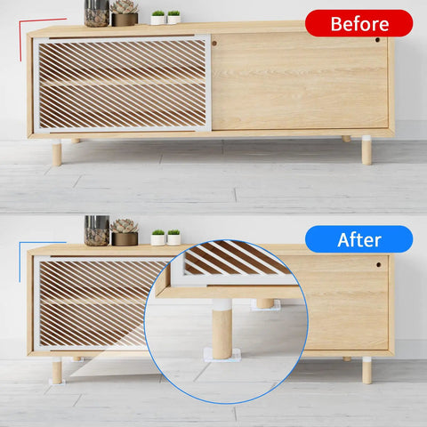 Premium Clear Furniture Leveler Pads 8 Pack Non Slip Rubber Wedges For Uneven Floors under furniture legs, showing before and after use.