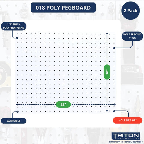 Heavy Duty Pegboard Set Of 2 Wall Panels 22 By 18 By One Eighth Inch Holes For Home Office Garage Storage And Organization White Tough Weather Resistant Washable Pegboard System With One Inch On Center Spacing And Easy Cleaning, diagram labeled with measurements and material details.