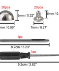 Top Shelf 20 Sets Heavy Duty Silver 15X8MM Dome Spikes And Screw Back Leather Studs With Installation Tool features sizes and measurements.