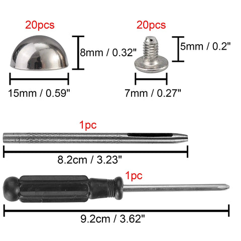 Top Shelf 20 Sets Heavy Duty Silver 15X8MM Dome Spikes And Screw Back Leather Studs With Installation Tool features sizes and measurements.