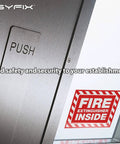 Close-up of Fire Extinguisher Inside Signs Stickers Pack 5 5x4 Inch Self Adhesive Vinyl Decals on metal door