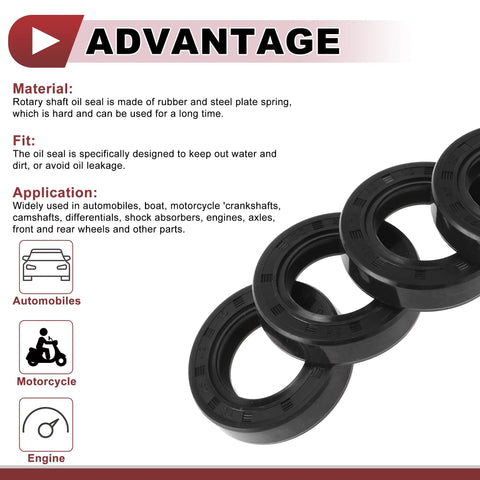 High pressure rotary shaft oil seals for automotive and marine applications, shown with material and fit advantages in bold text.