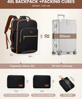 40L Go-To Travel Backpack For Women And Men, airline approved carry-on with leopard print, 3 packing cubes next to suitcase.