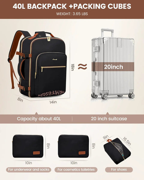 40L Go-To Travel Backpack For Women And Men, airline approved carry-on with leopard print, 3 packing cubes next to suitcase.