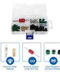Image of All In One HVAC Hose Gasket Kit For Air Conditioning Repairs 71 Piece Seal Set With 10 Valve Cores 50 Hose Gaskets 10 Valves AC Repair Gear Pack in a transparent plastic case featuring various green and brass components, accompanied by text highlighting its premium metal material, durability, and wear resistance.