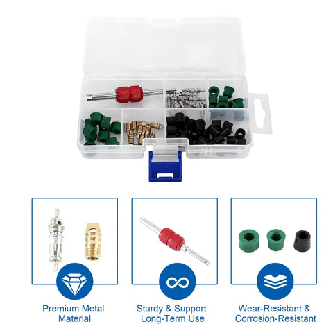 Image of All In One HVAC Hose Gasket Kit For Air Conditioning Repairs 71 Piece Seal Set With 10 Valve Cores 50 Hose Gaskets 10 Valves AC Repair Gear Pack in a transparent plastic case featuring various green and brass components, accompanied by text highlighting its premium metal material, durability, and wear resistance.