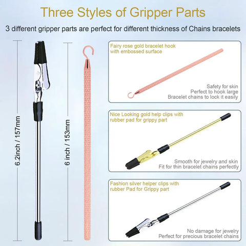 Three Piece Bracelet Helper Tool Set With Quick Release Hooks shown in silver, gold, and rose gold, with rubber tips for grip.