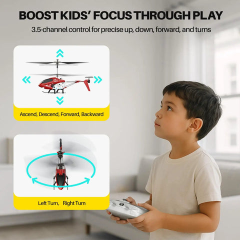 Child playing with Durable Alloy RC Helicopter For Kids And Beginner Friendly With Altitude Hold Two Speed Modes Easy Indoor Flight