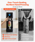 Commercial Auto Can Sealer Machine With One Touch Operation Works Like A Charm To Secure Aluminum Cans Airtight Lock In Crisp Taste And Keep Drinks Ice Cold Solid Heavy Duty Workhorse Unit next to manual pressing example.