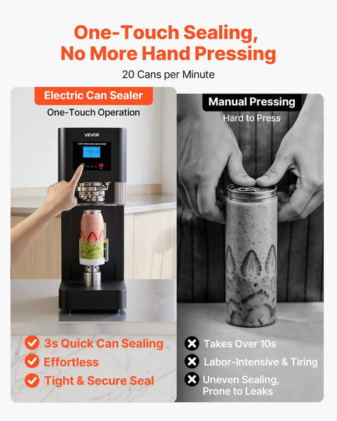 Commercial Auto Can Sealer Machine With One Touch Operation Works Like A Charm To Secure Aluminum Cans Airtight Lock In Crisp Taste And Keep Drinks Ice Cold Solid Heavy Duty Workhorse Unit next to manual pressing example.