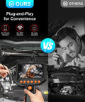 Dual Lens Endoscope Camera With Light Pro Grade HD 1920P Borescope For Pipes And Car Repairs, 4.3 Inch LCD, IP67 Waterproof, 16.4 Ft Semi-Rigid Cable, 8 LED Lights, 32GB Card Included, shown inspecting a car engine