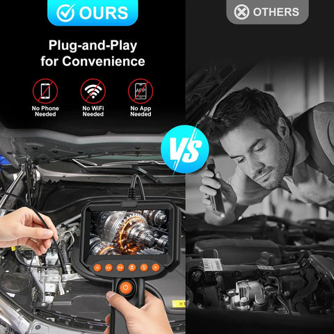 Dual Lens Endoscope Camera With Light Pro Grade HD 1920P Borescope For Pipes And Car Repairs, 4.3 Inch LCD, IP67 Waterproof, 16.4 Ft Semi-Rigid Cable, 8 LED Lights, 32GB Card Included, shown inspecting a car engine