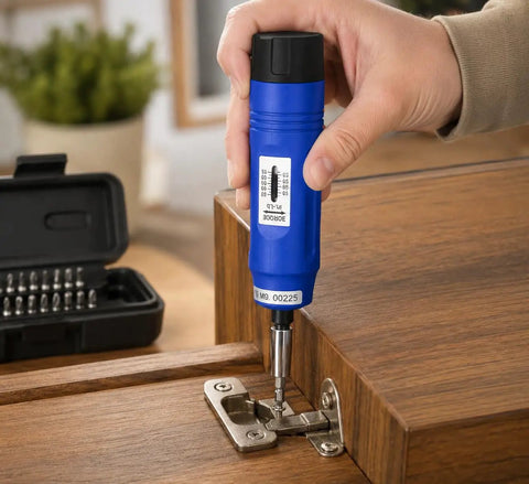 Using 21 Piece Adjustable Torque Screwdriver Set With 1 Quarter Inch Drive Long Reach Shank Inch Pounds Precision Meter on hinge