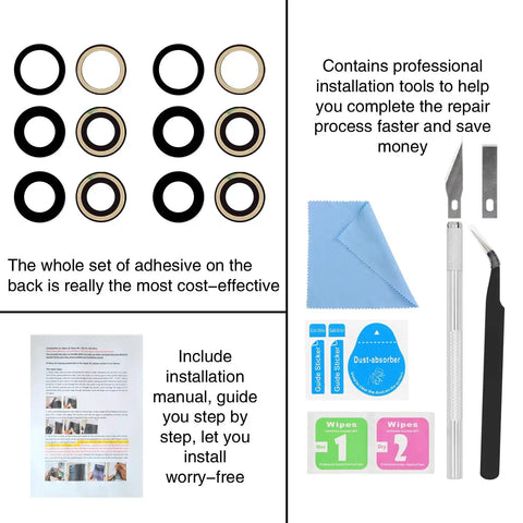 2 Pack Rear Camera Lens Glass Replacement For iPhone 17 Pro Max And 17 Pro components including adhesive, tools, and manual