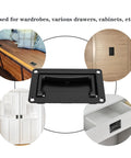 Recessed Pull Handle Set Black Zinc Alloy Flush Cabinet And Toolbox Handle 95mm by 60mm by 14mm installed on various furniture