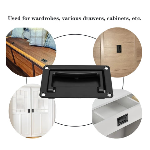 Recessed Pull Handle Set Black Zinc Alloy Flush Cabinet And Toolbox Handle 95mm by 60mm by 14mm installed on various furniture