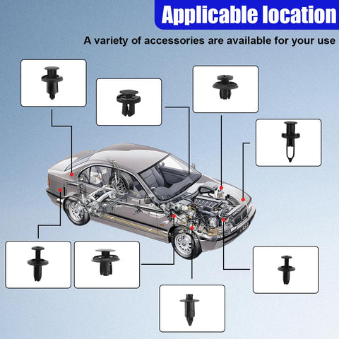 Diagram showing Universal 1240-Piece Car Push Retainer Clips And Fasteners Kit with car parts and clip locations.