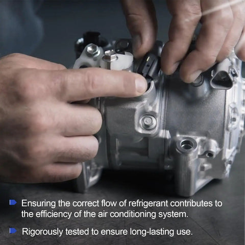 Close-up of Toyota 926-818 Air Conditioning Compressor Flow Sensor Plug And Play Replacement installation on compressor.