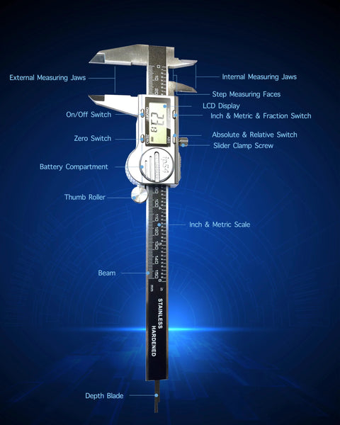 Digital caliper measuring tool, 6-inch, stainless steel with LCD display (front view)