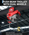 Heavy Duty 1 Ton Electric Hoist Trolley With Adjustable Flange Width For I-Beams showing dual wheel design and hook.