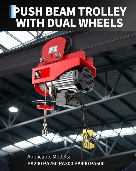 Heavy Duty 1 Ton Electric Hoist Trolley With Adjustable Flange Width For I-Beams showing dual wheel design and hook.