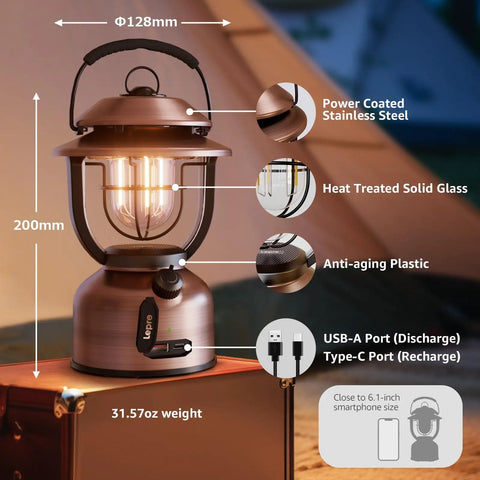 Rechargeable Vintage LED Camping Lantern With 15000mAh Battery, 1000 Lumen Output, Stepless Dimming, IPX4 Waterproof features