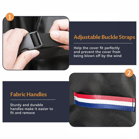 Close-up of adjustable buckle straps and fabric handles on Outdoor Bar Height Table Cover Waterproof 60 Inch Long Rectangular Patio Furniture Cover for Tall Bar Tables and Outdoor Dining Sets Heavy Duty 600D Oxford PU Back Fabric 100 Percent Waterproof.