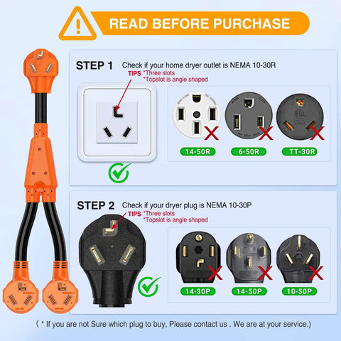 Hefty Dryer To EV Y Splitter Cord 30 Amp Male Dropping Down To Dual 30 Amp Female Nema Jacks setup and usage guide.