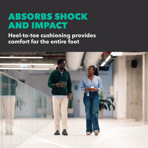 Two people walking indoors, demonstrating comfort and support of Full Length Arch Cushion Insoles For Women Size 7-8.5 And Men 6-7.5 In Green