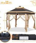 Easy Pop Up 13x13 Patio Gazebo Tent With All Around Mesh Sides And 25 Solar LED Lights Hexagonal Double Vent Three Height Adjustable