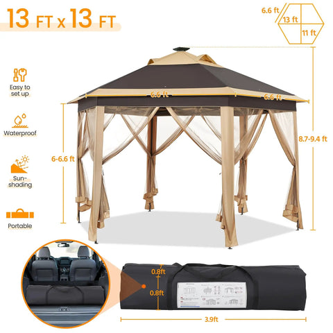 Easy Pop Up 13x13 Patio Gazebo Tent With All Around Mesh Sides And 25 Solar LED Lights Hexagonal Double Vent Three Height Adjustable