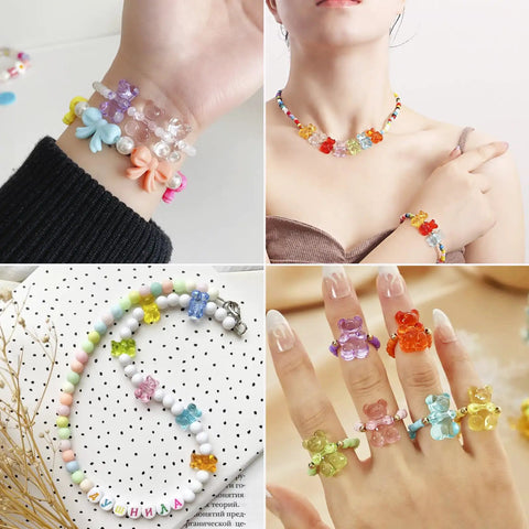 Jewelry featuring 400Pcs Gummy Bear Acrylic Beads Transparent 12x8mm for bracelets, necklaces, rings; multicolor candy bear accents.
