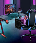 Dope Rose Pink Gaming Desk With Rgb Ambient Glow Spacious Pc Worktable For Home Office And Bedroom Setup with monitor and chair