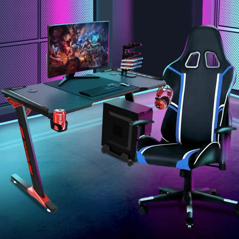 Dope Rose Pink Gaming Desk With Rgb Ambient Glow Spacious Pc Worktable For Home Office And Bedroom Setup with monitor and chair