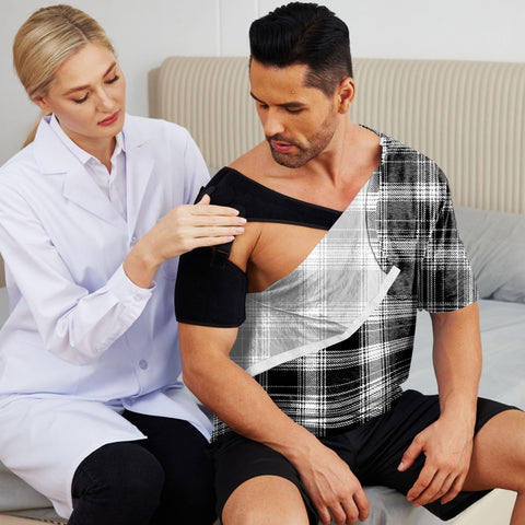 Post Shoulder Surgery Shirt For Men With Easy Snap Front And Tear Away Design Rotator Cuff Recovery Clothing worn by man