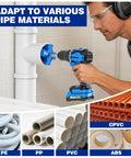 Man using drill with Four Size PVC Pipe Reamer Kit on PVC pipe, adapting to PE, PP, CPVC, ABS materials.