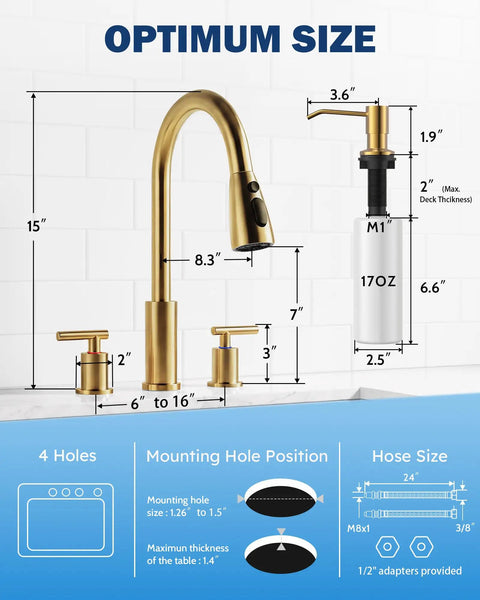 WOWOW 2 Handle Kitchen Faucet 4 Hole with Sprayer and Soap Dispenser dimensions and specifications diagram