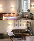 Lit Modern LED Up Down Wall Sconce 12W Dimmable Indoor Light in Warm White 3000K illuminating bedrooms and living rooms.