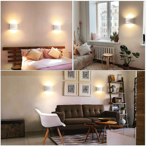 Lit Modern LED Up Down Wall Sconce 12W Dimmable Indoor Light in Warm White 3000K illuminating bedrooms and living rooms.