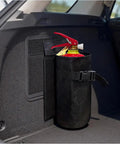 Heavy Duty Fire Extinguisher Storage Bag For Tesla Cybertruck Trunk Organizer with quick release buckle securing a fire extinguisher.