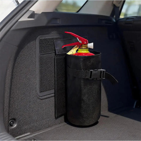 Heavy Duty Fire Extinguisher Storage Bag For Tesla Cybertruck Trunk Organizer with quick release buckle securing a fire extinguisher.