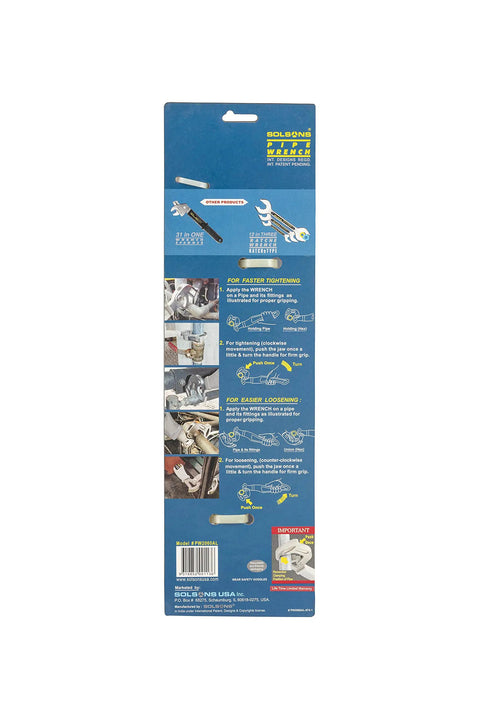 Product packaging of Heavy Duty 16 Inch Pipe Wrench With Slip Free Grip And Lightweight Aluminum Handle.