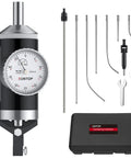 XUNTOP coaxial centering indicator kit, front view, 0-0.15 inch/0.0005 inch, 6 feelers, dial gauge, wrenches, case.