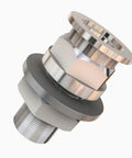 Angled 3D view of a stainless steel 1-inch baseplate feedthrough bulkhead to KF25 flange adapter with threaded end.