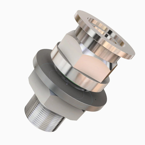 Angled 3D view of a stainless steel 1-inch baseplate feedthrough bulkhead to KF25 flange adapter with threaded end.