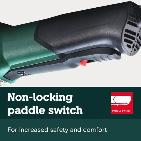 Close-up of German Engineered 4 And 1 Half Inch To 5 Inch Angle Grinder With 11 Amp Power 11,000 RPM Non Locking Paddle Switch WP 11-125