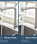KOOTTI Tall Stainless Steel Kitchen Faucet with Pull Out Sprayer in stream and spray mode over a kitchen sink.