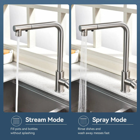 KOOTTI Tall Stainless Steel Kitchen Faucet with Pull Out Sprayer in stream and spray mode over a kitchen sink.