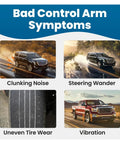 Image showing symptoms of bad control arm: clunking noise, steering wander, uneven tire wear, and vibration on vehicles.
